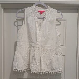 Lilly Pulitzer White Sleeveless Ruffle Pom-Pom Hem Top